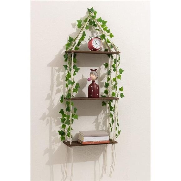 3 Tier Macrame Wall Hanging Shelves Artificial Leaves, Handmade Wooden Floating - Picture 3 of 7